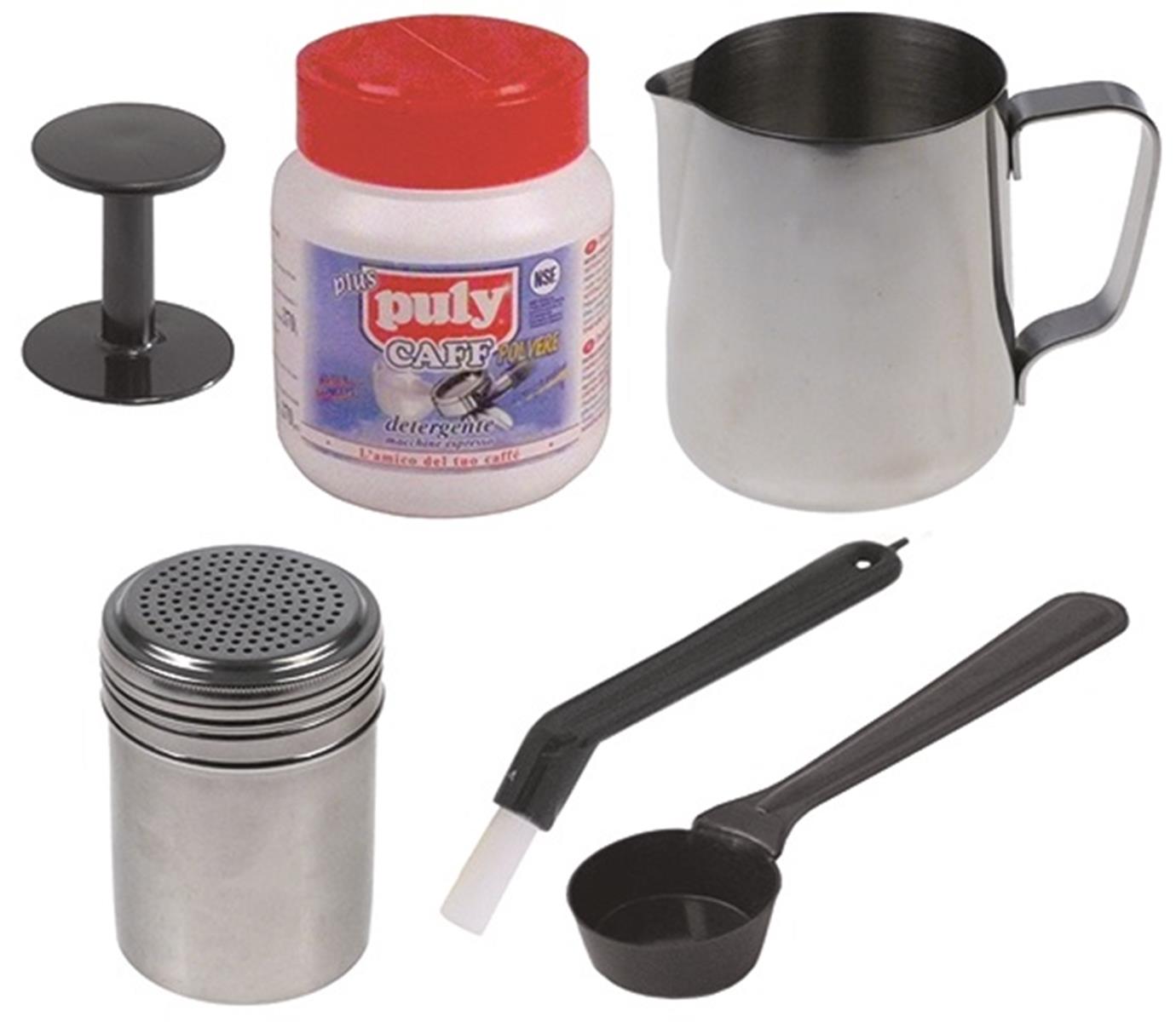 Puly Caff Barista Kid aus Puly Caff Reiniger, Tamper, Milchkännchen, Kakaostreuer, Motta Bürste, Messlöffel