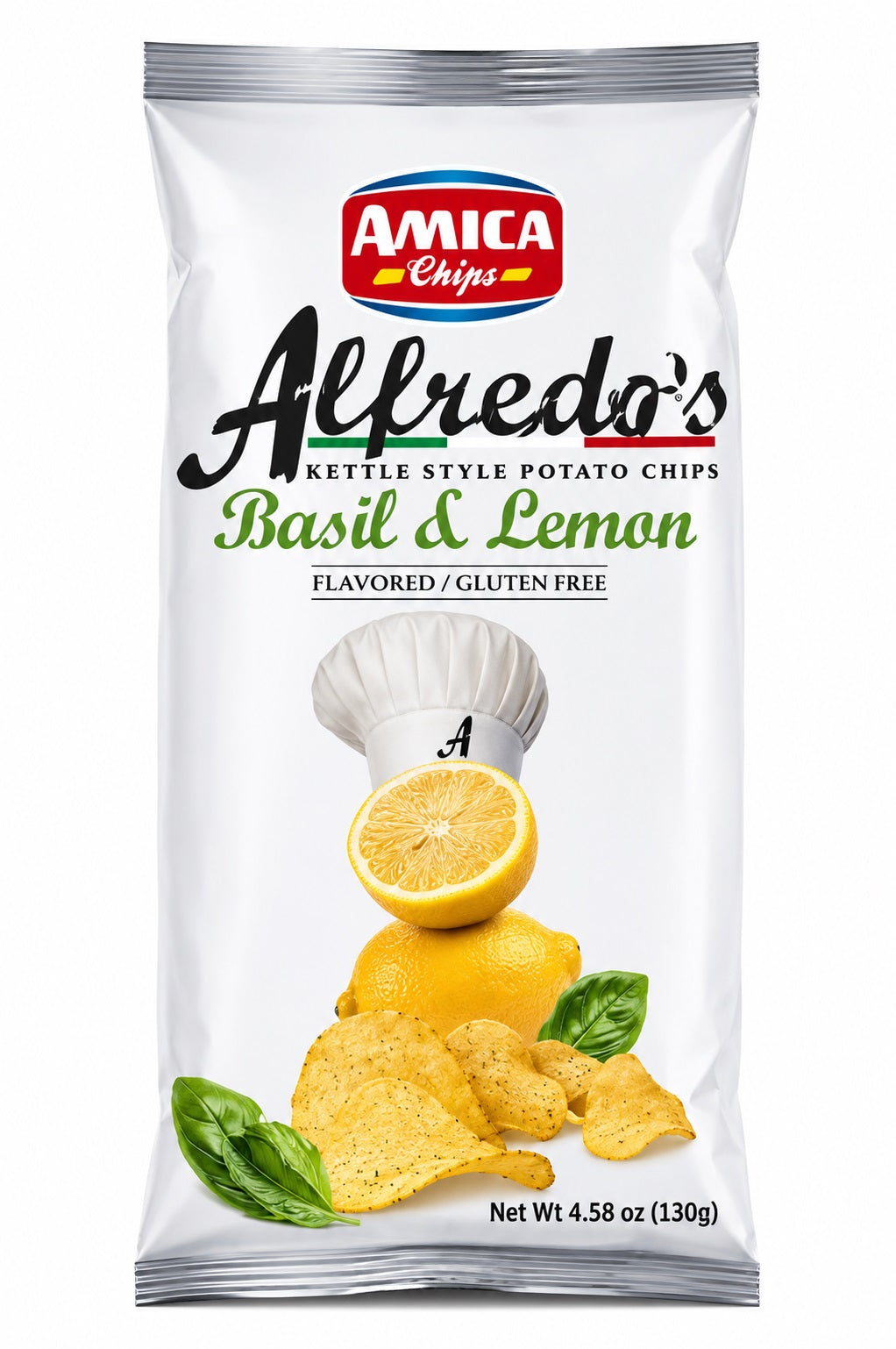 Amica Alfredo's Kettle Chips Basilikum & Zitrone 130 g – Kesselchips mit mediterranem Geschmack