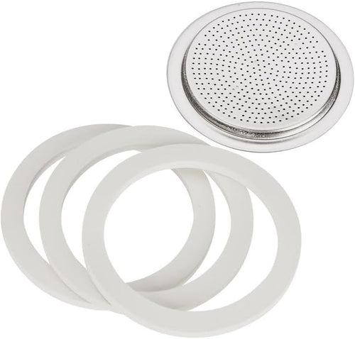 Bialetti Ersatzteil-Set 6 Tassen: 3x Dichtung 72mm & 1x Aluminiumfilter – Weiß