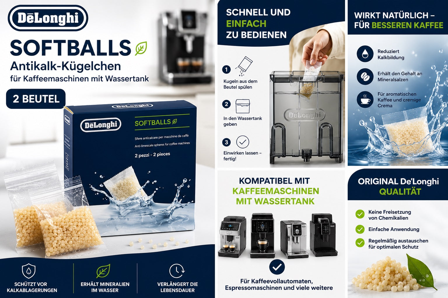De'Longhi SoftBalls DLSC551 Antikalk-Kügelchen – Wasserenthärter für Kaffeemaschinen mit Wassertank | 2 Beutel