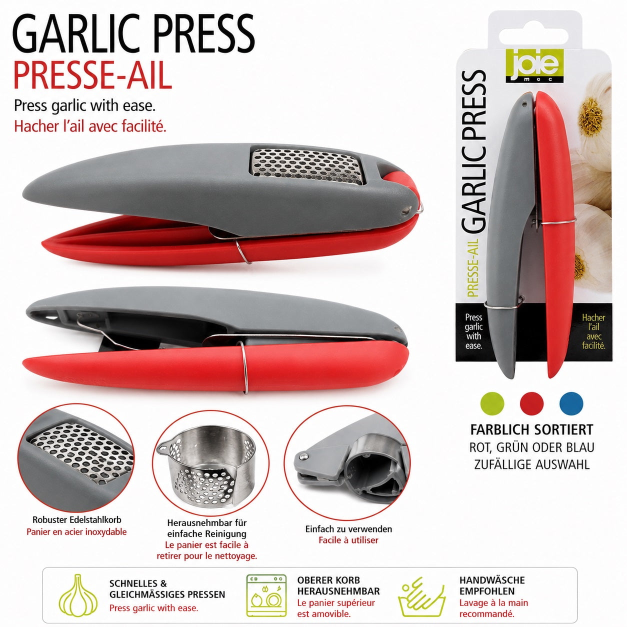 Joie Garlic Press Knoblauchpresse mit herausnehmbarem Edelstahl-Presskorb | farblich sortiert