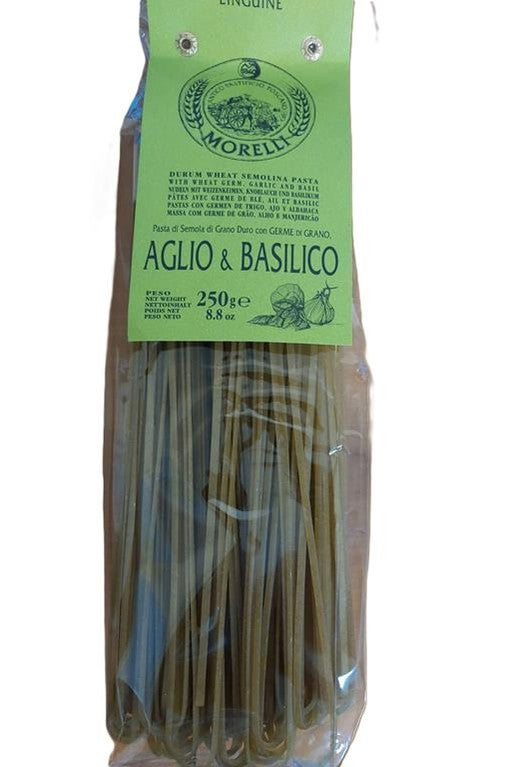 Morelli Pasta -Linguine Aglio e Basilico mit Weizenmehl, Knoblauch und Basilikum - 250 g