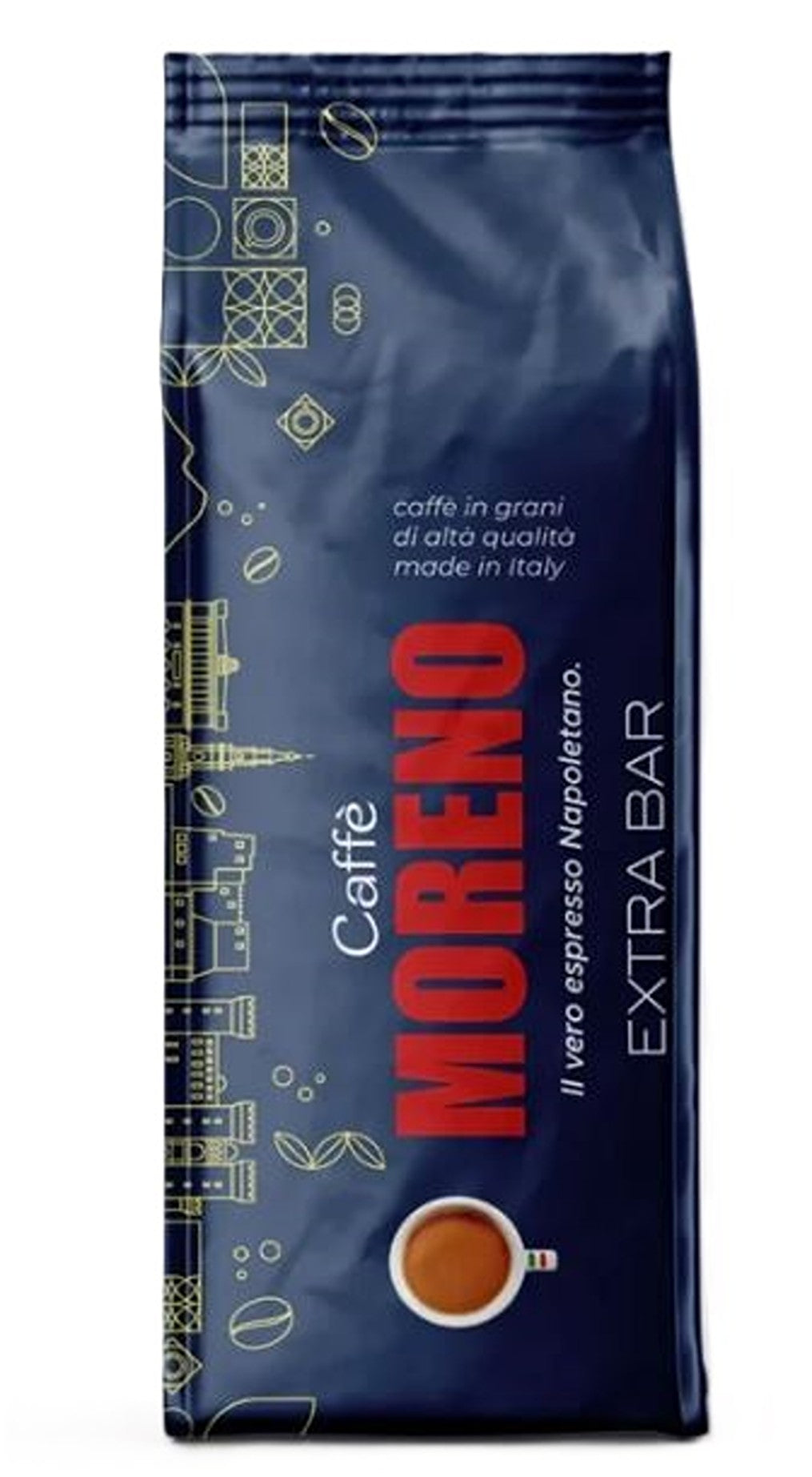 Moreno Extra Bar typisch napoletanisch 1 Kg ganze Bohne mild-herber Geschmack durch hohen Robusta-Anteil