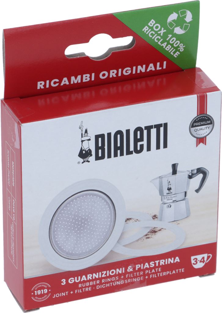 Original Bialetti Dichtungssatz 3-4 Tassen – 3 Dichtungen + 1 Sieb für Moka Express u.a.
