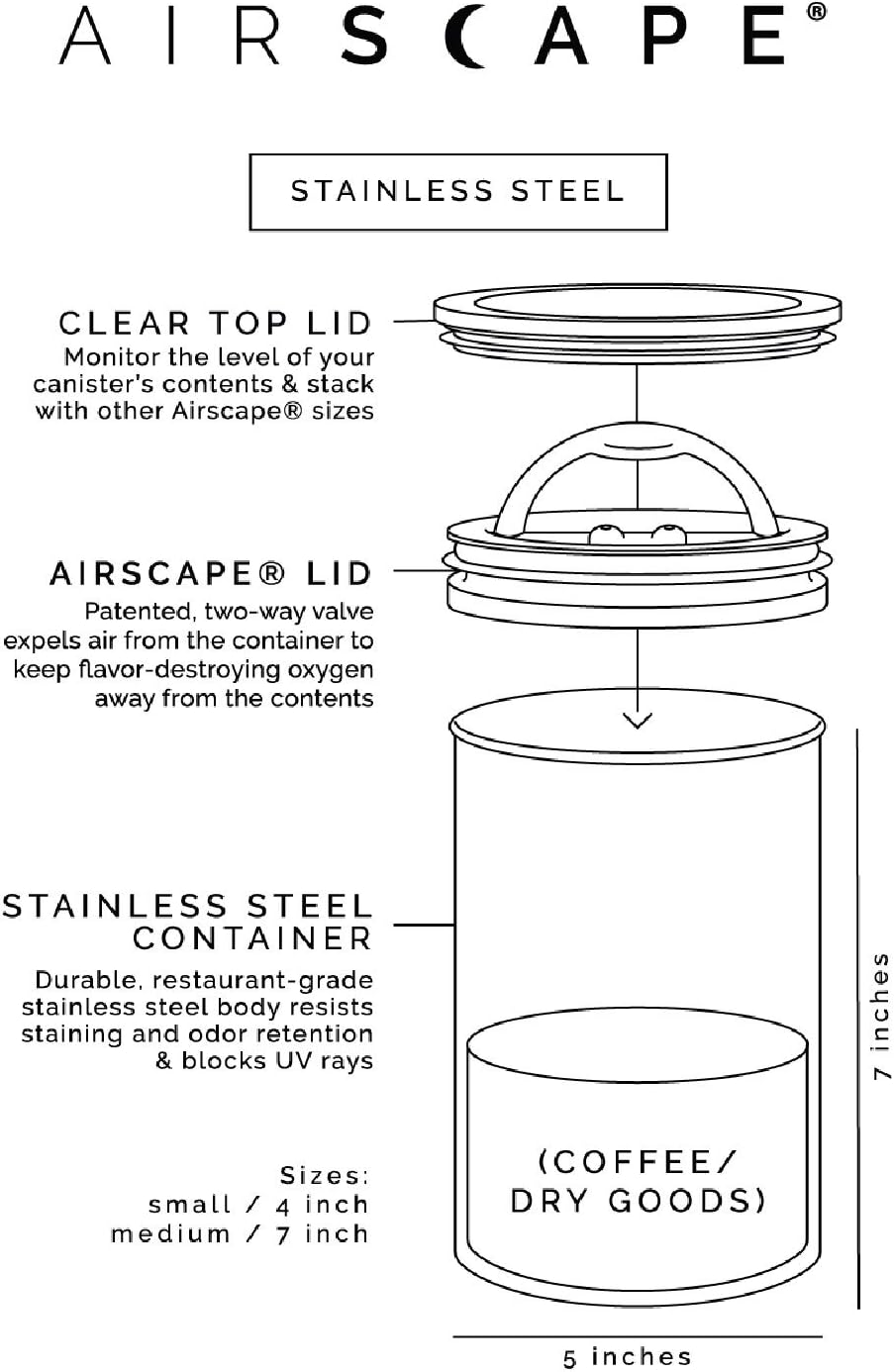 Planetary Design Airscape Vorratsbehälter 850 ml | Luftdose aus Edelstahl mit patentiertem Vakuumdeckel | Kaffee- & Lebensmittelbehälter BPA-frei