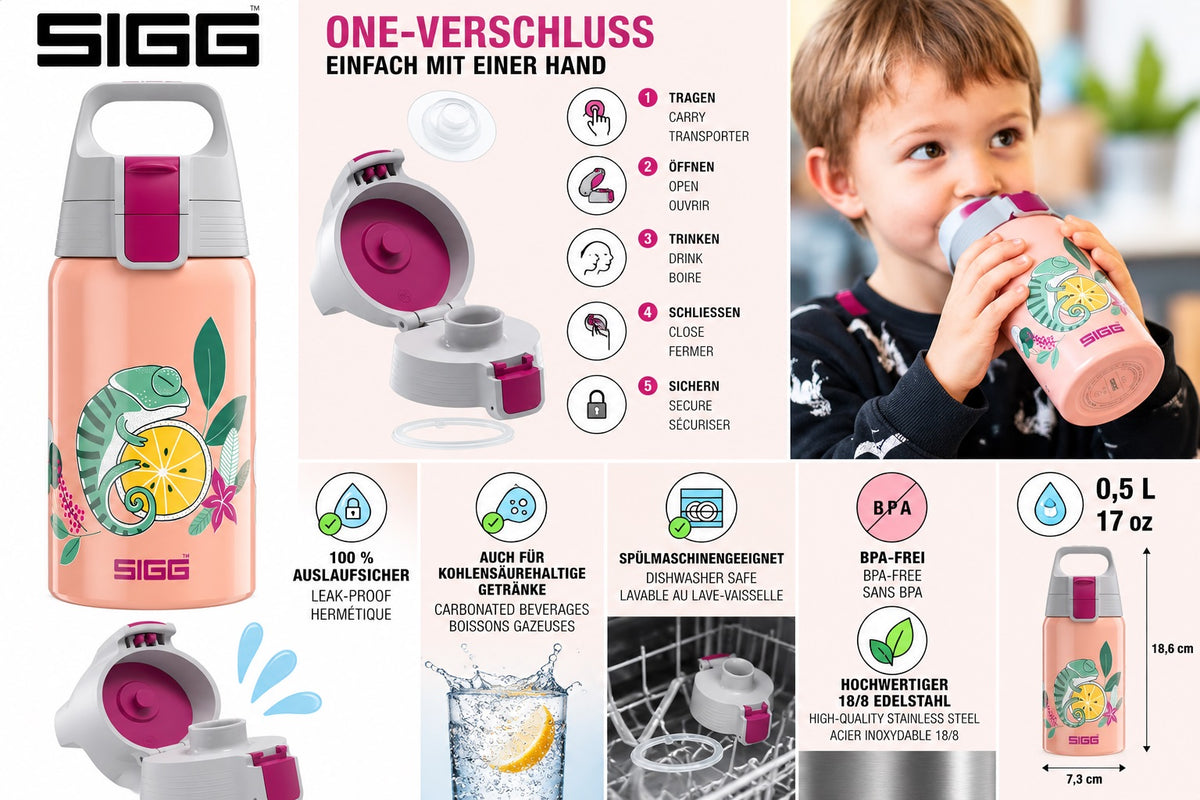SIGG Shield One Flora Kinder-Trinkflasche 0,5 l – Edelstahl, Pink, auslaufsicher