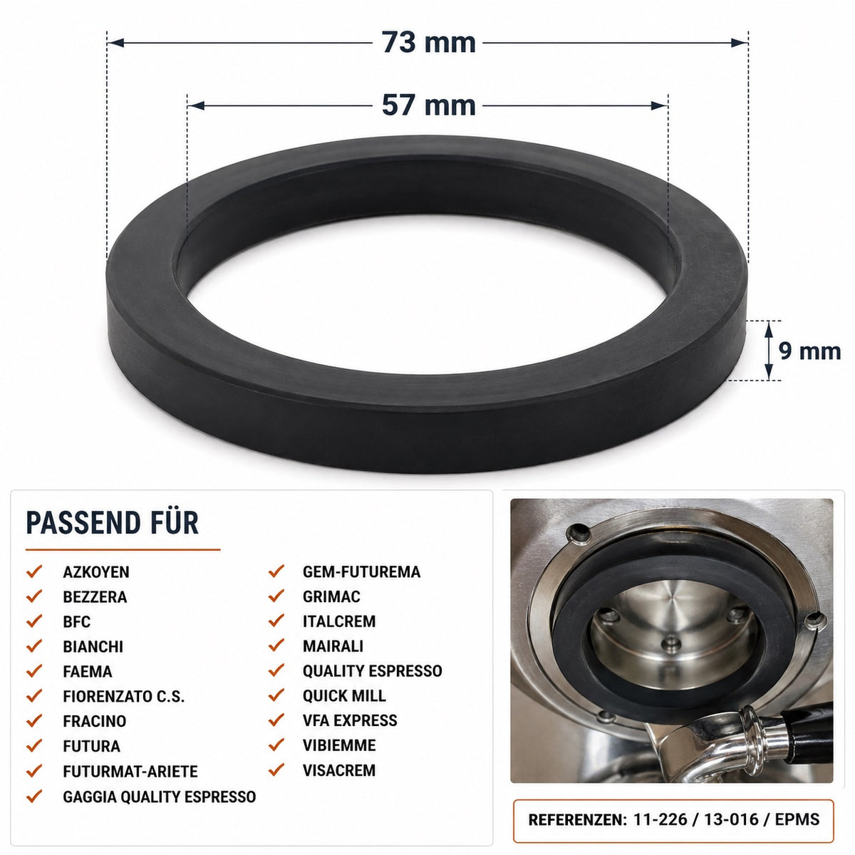 Siebträgerdichtung 57 x 73 x 9 mm für Bezzera, Faema, Wega & weitere Espressomaschinen