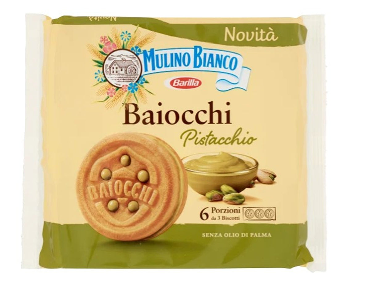 Mulino Bianco Baiocchi Pistazien – Mürbeteiggebäck mit Pistaziencreme 168g / 6x3 Stück