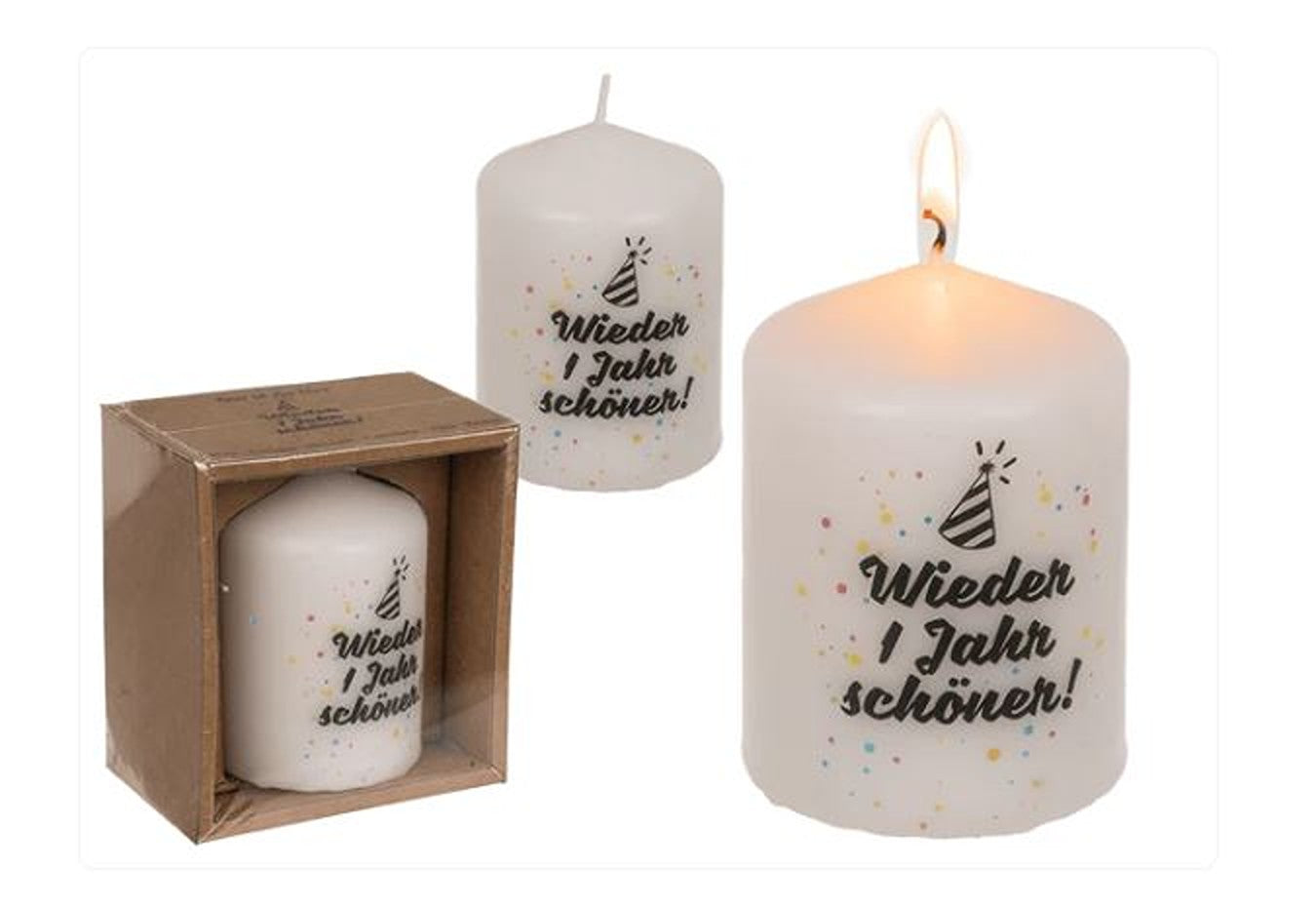 Stumpenkerze Wieder ein Jahr schöner 6x8 cm – Geschenkkerze in Kraftpapierverpackung